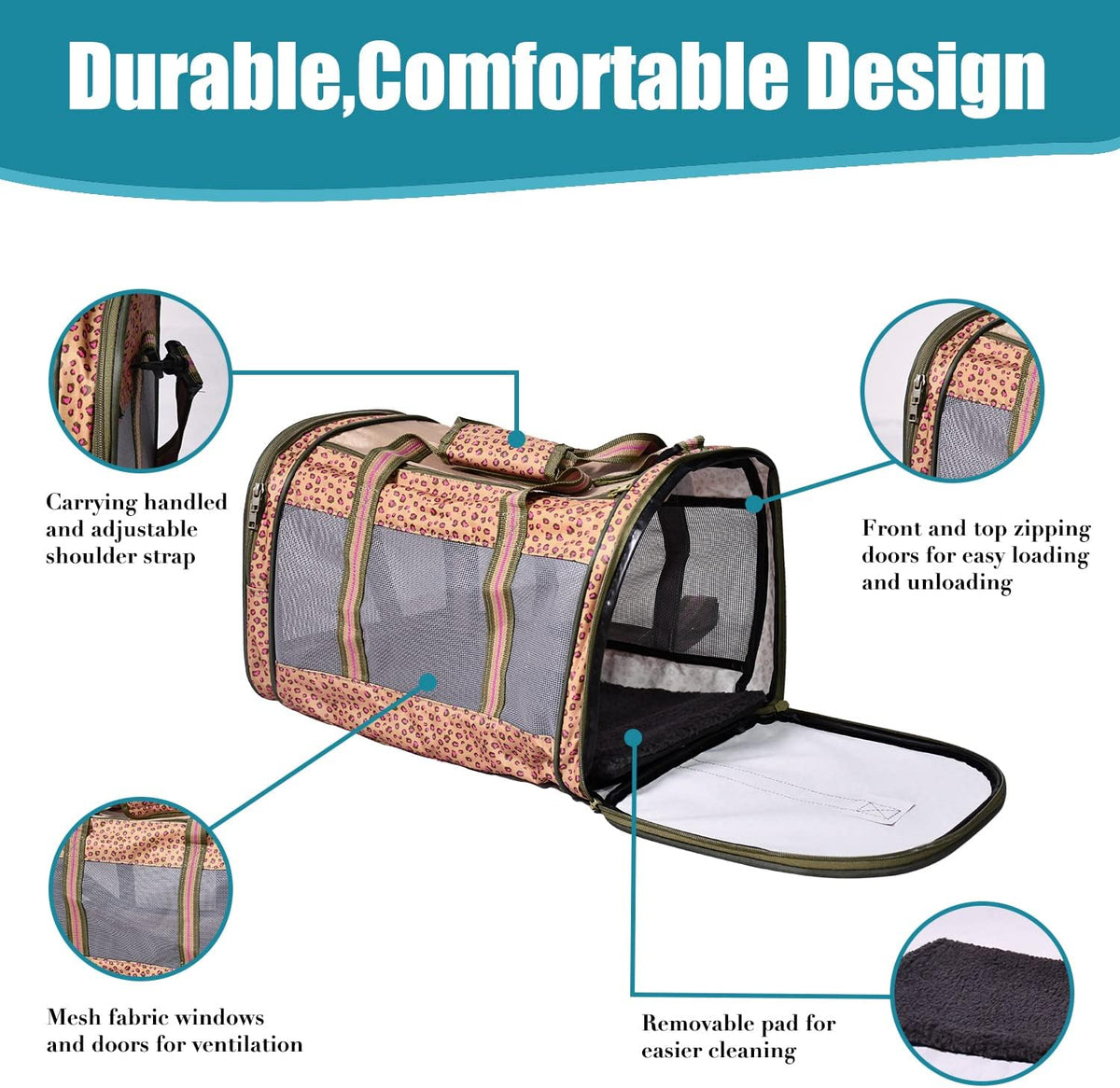 soft-sided kennel pet carrier, airline approved travel handbag shown in use