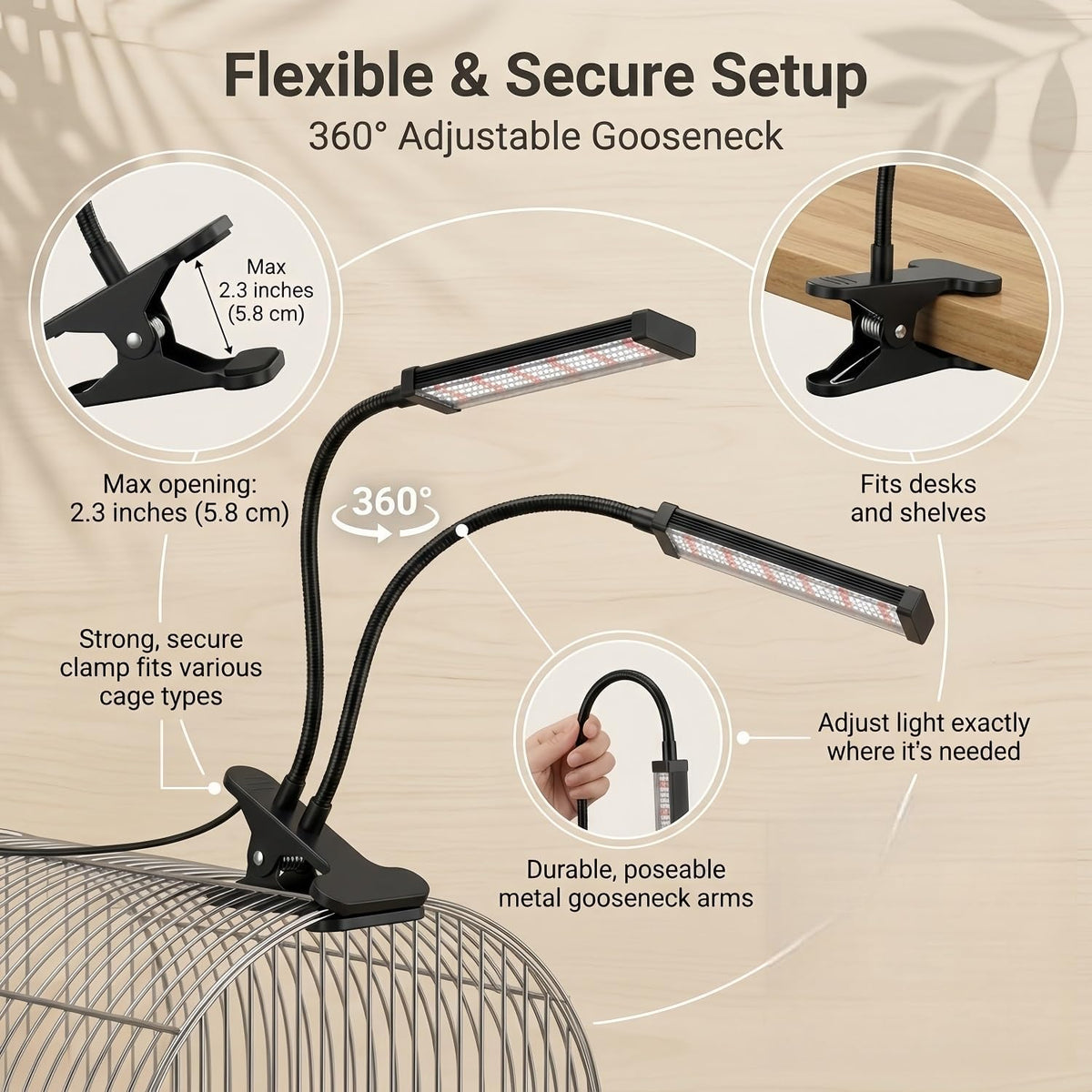 bird health cage supplementary light with full-spectrum led, side view
