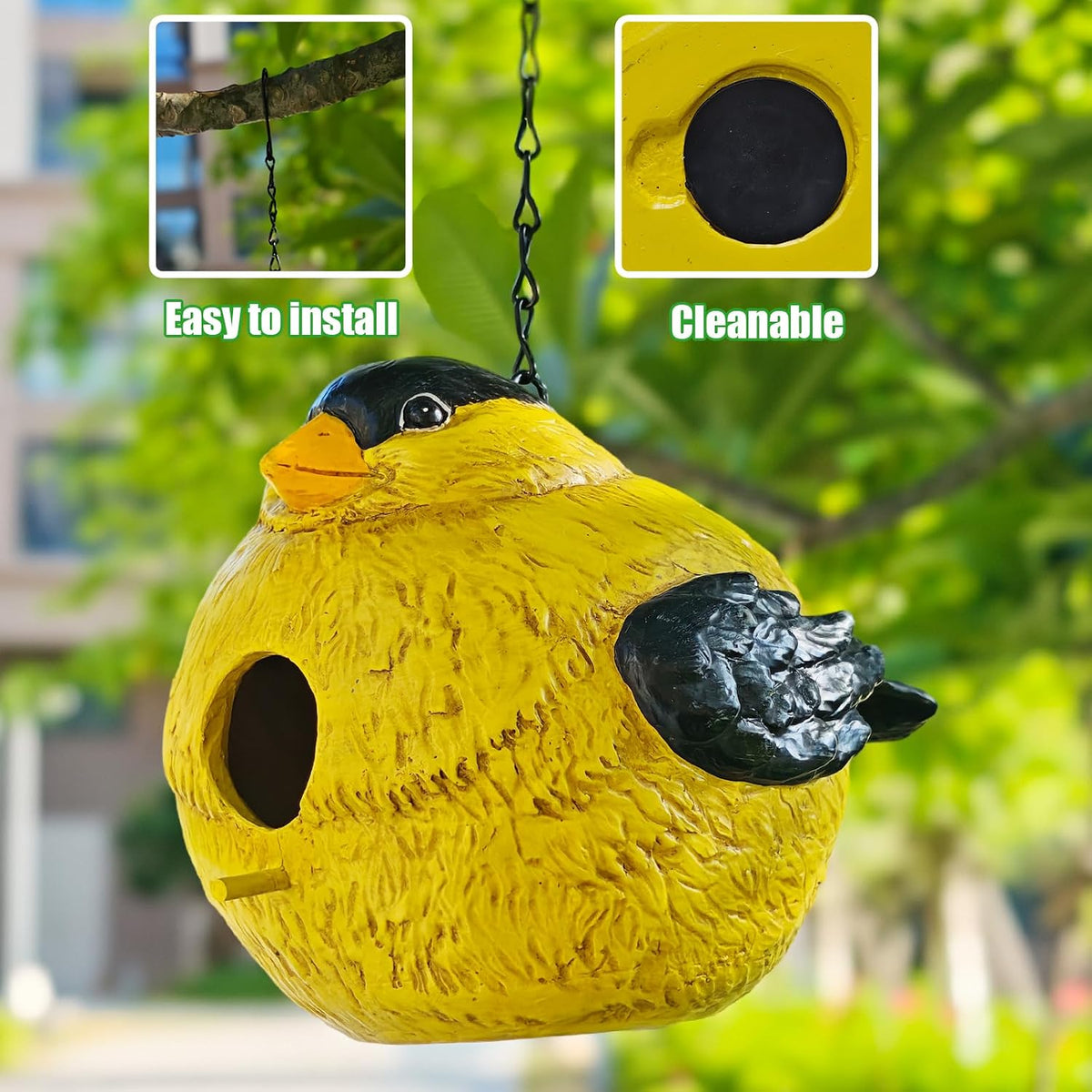sunny yellow bird house with entry hole, outdoor, side view