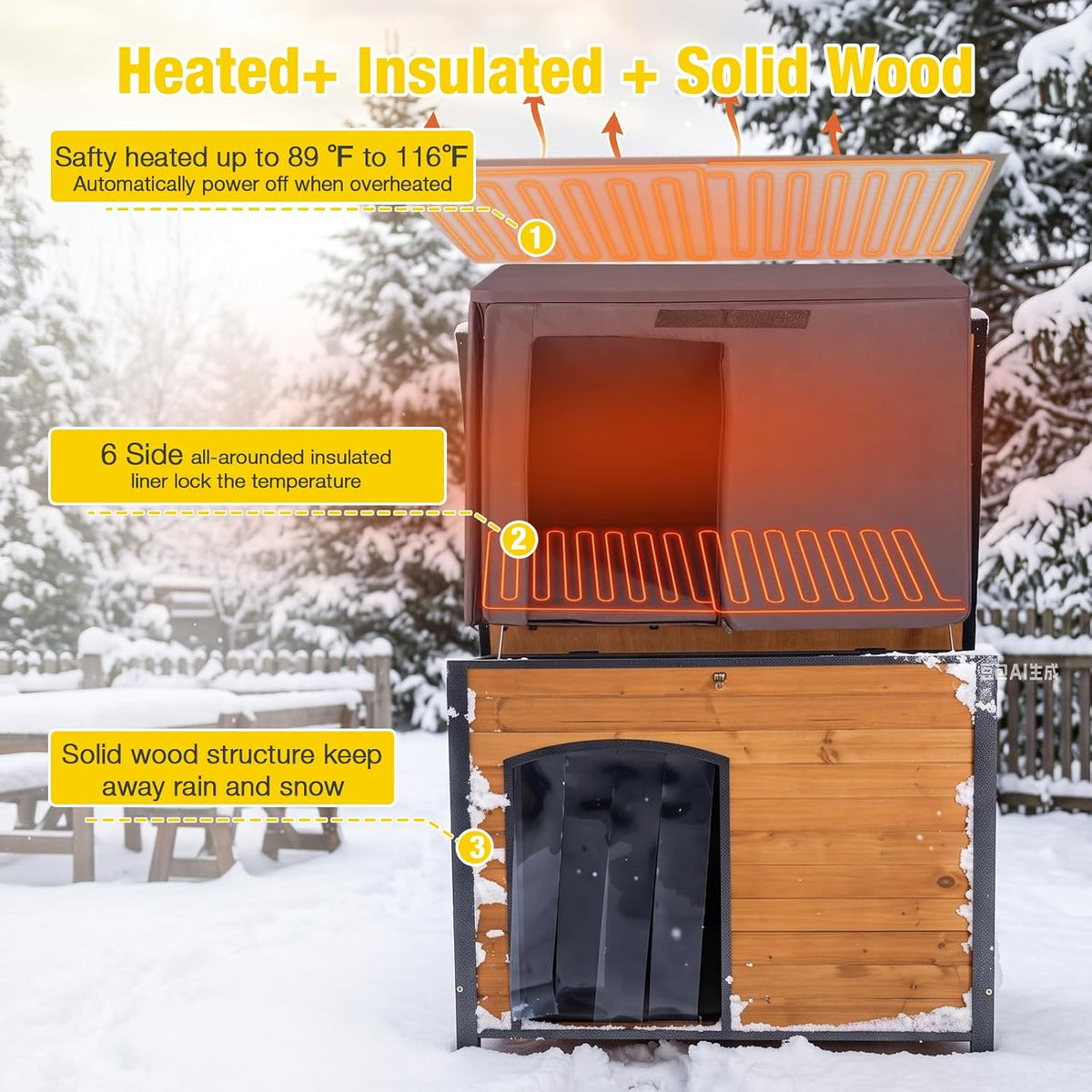 aivituvin heated dog house outdoor with heating pad, side view