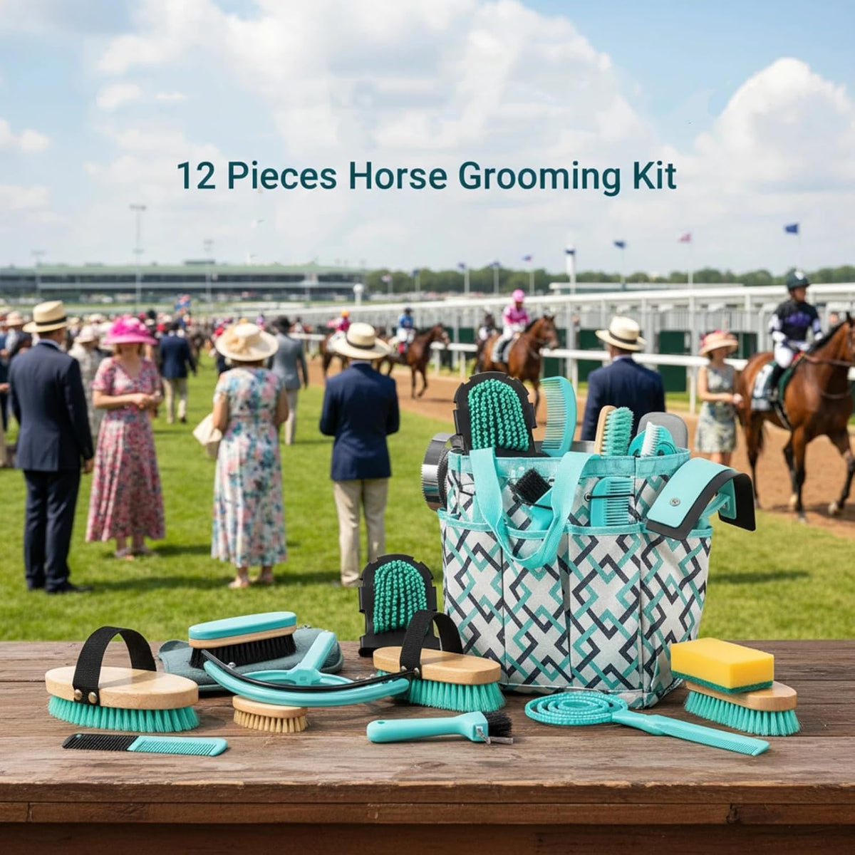 abbylike 12 piece horse grooming kit with organizer showing dimensions