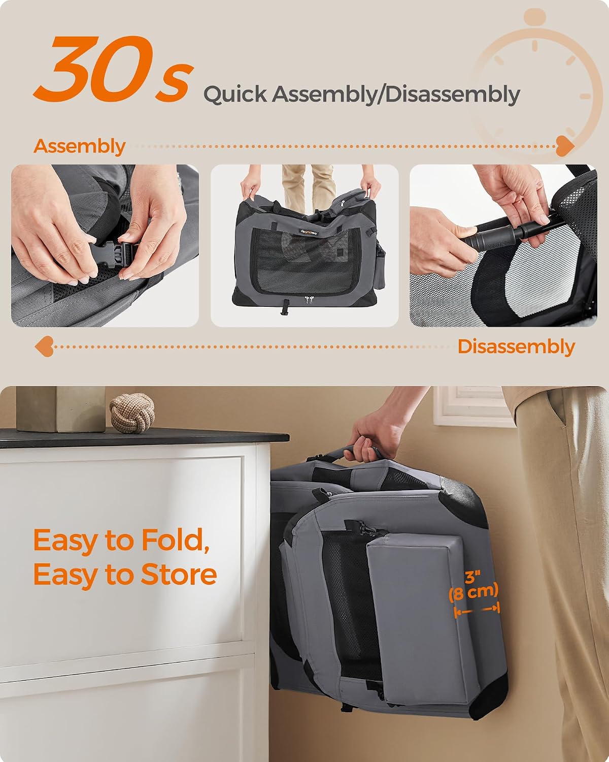feandrea collapsible soft dog crate, portable travel carrier, close-up detail