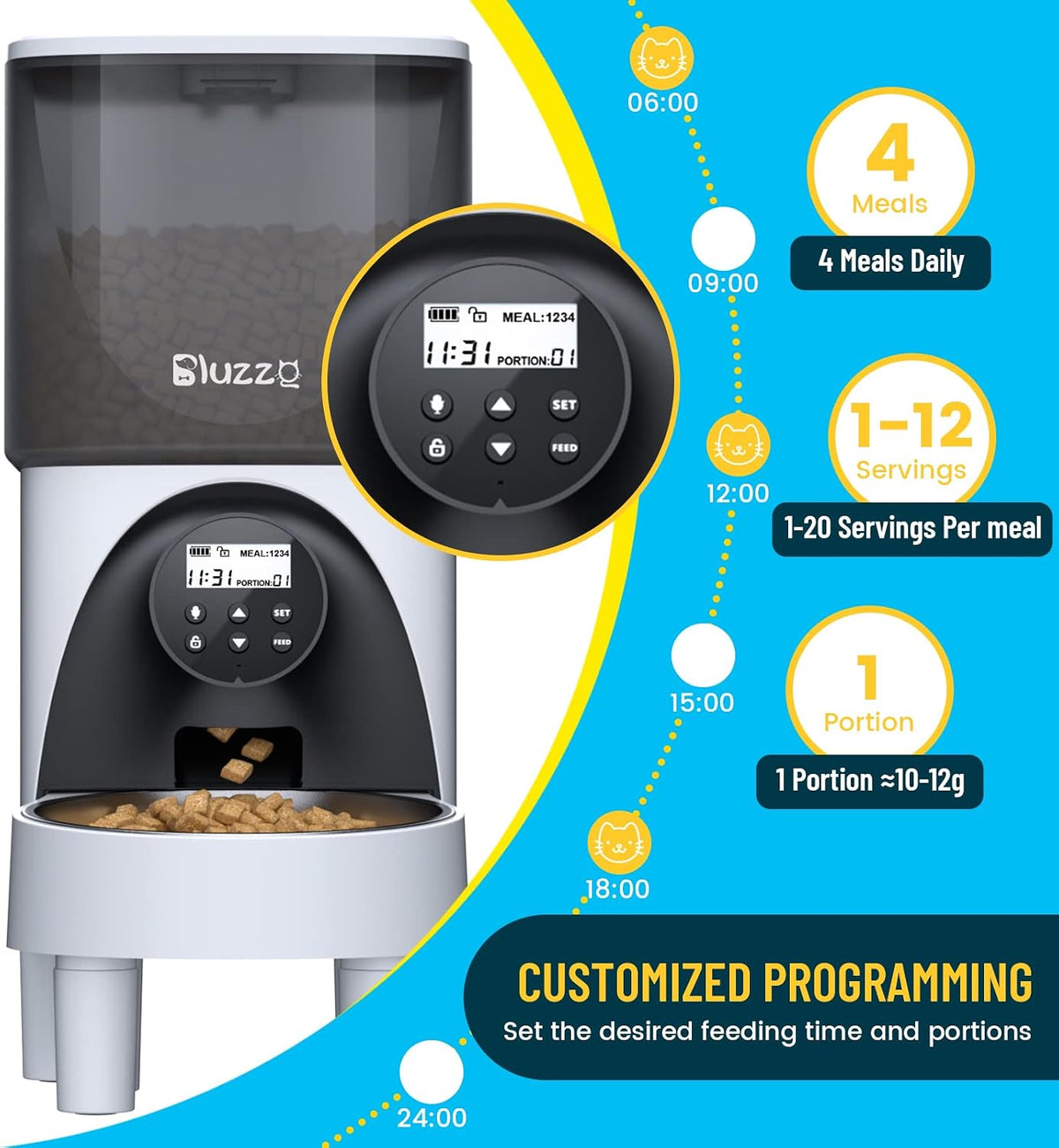automatic cat feeders with stainless steel bowl, 4.5l, side view