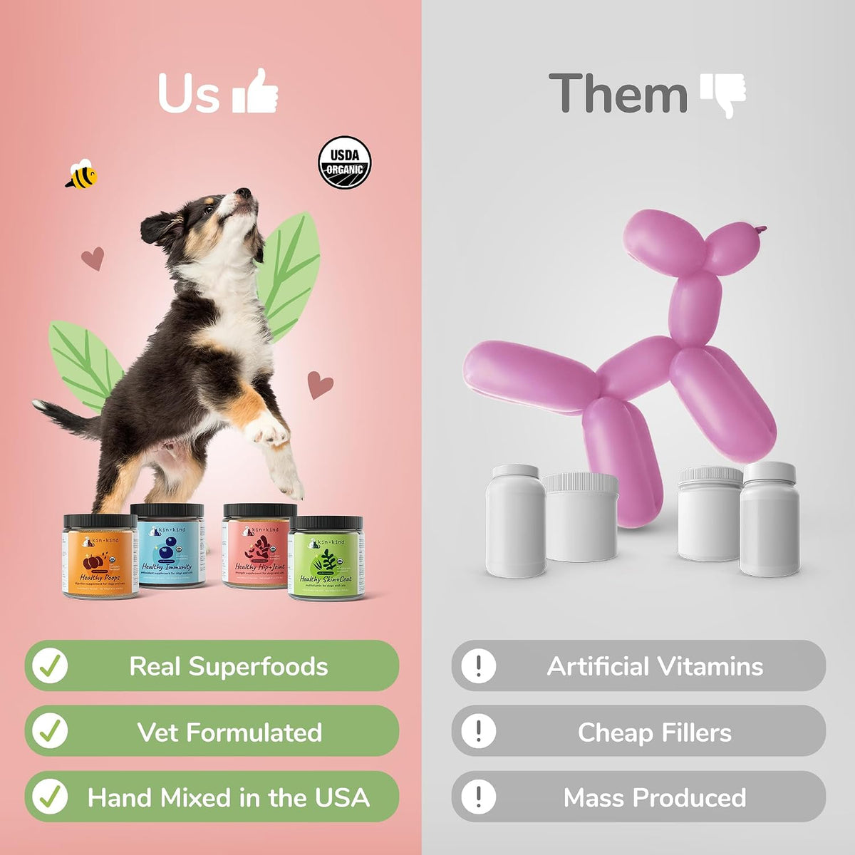 kin+kind superfood supplement set for dogs & cats, close-up detail