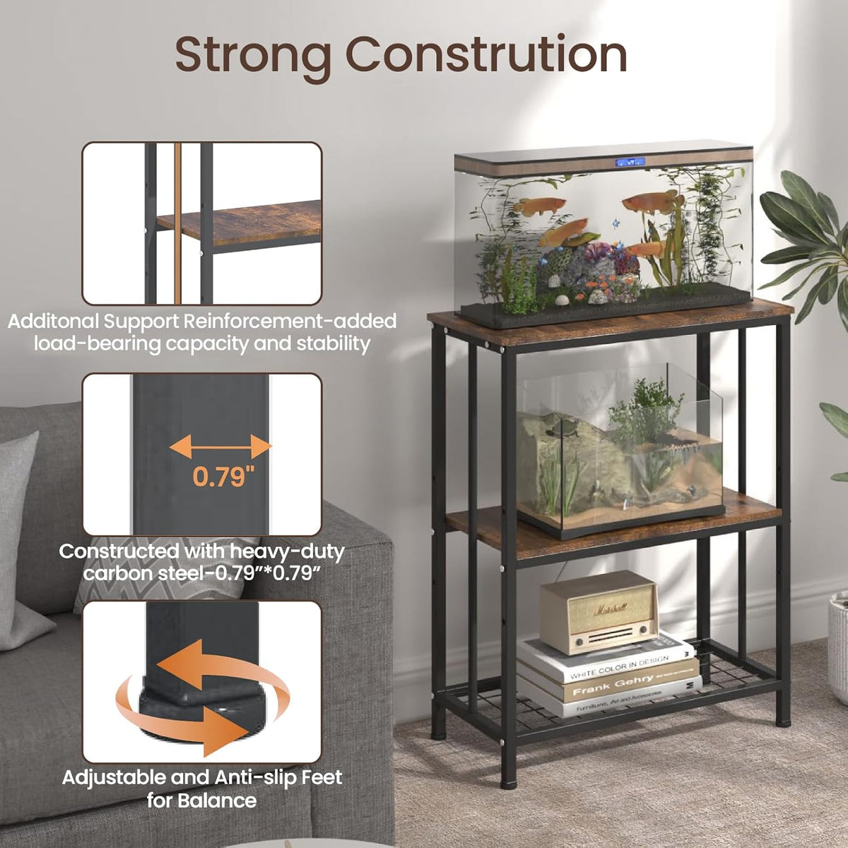 10-20 gallon fish tank stand, 3-tier metal 20 showing dimensions