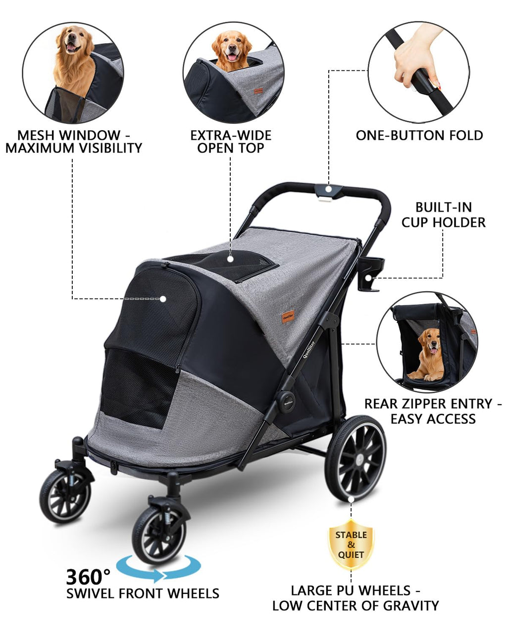 dog stroller for large & medium dogs, up shown in use