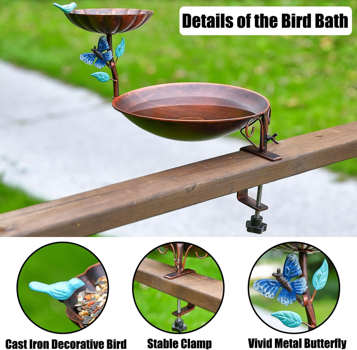 deck mounted bird bath and feeder for balcony showing dimensions