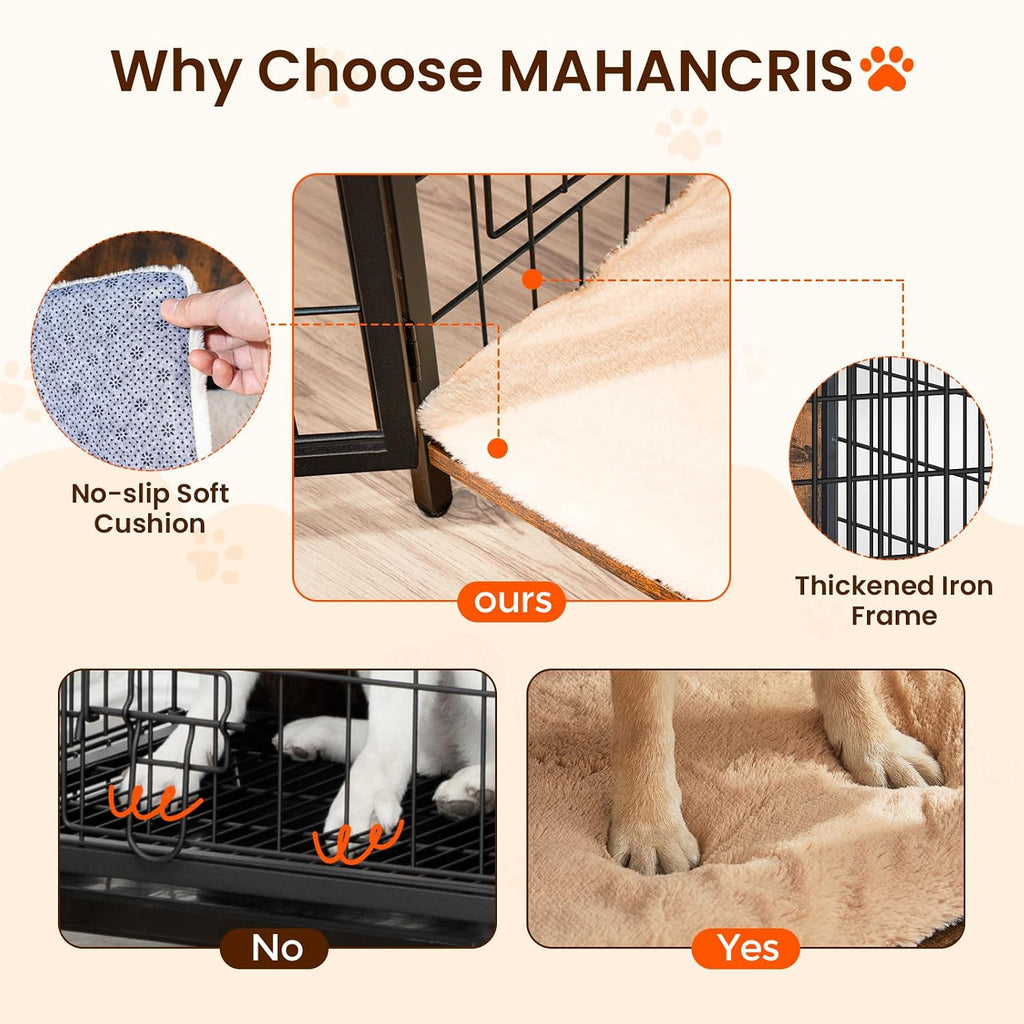 mahancris dog crate furniture with cushion, wooden dog showing dimensions