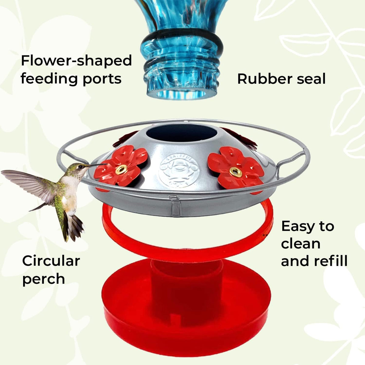 hummingbird feeder by grateful gnome - large hand, close-up detail