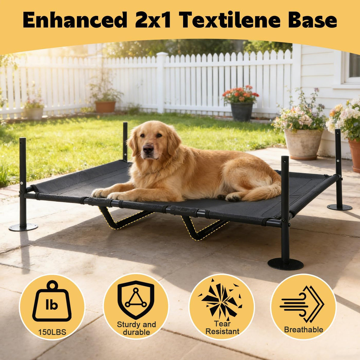 large dog shade with elevated dog bed, waterproof showing dimensions