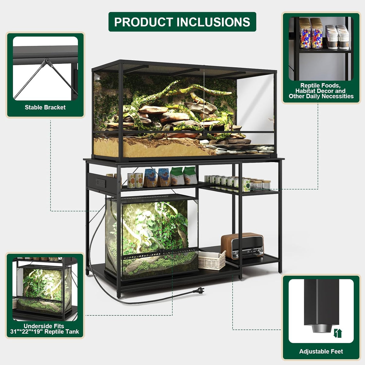 120 gallon fish tank stand with power outlets, close-up detail
