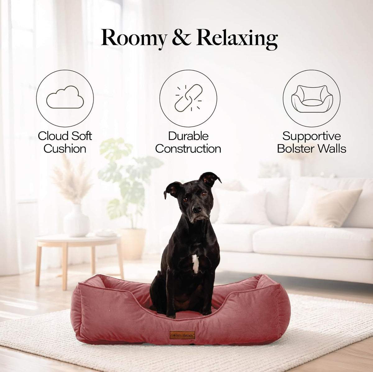 modern threads luxury dog bed - comfortable tufted shown in use