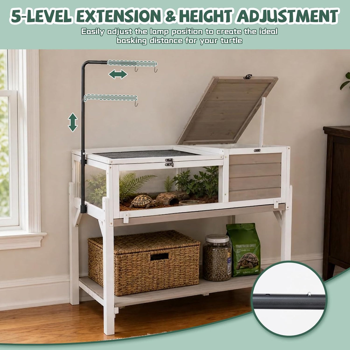 large tortoise enclosure with adjustable lamp stand and, front angle view