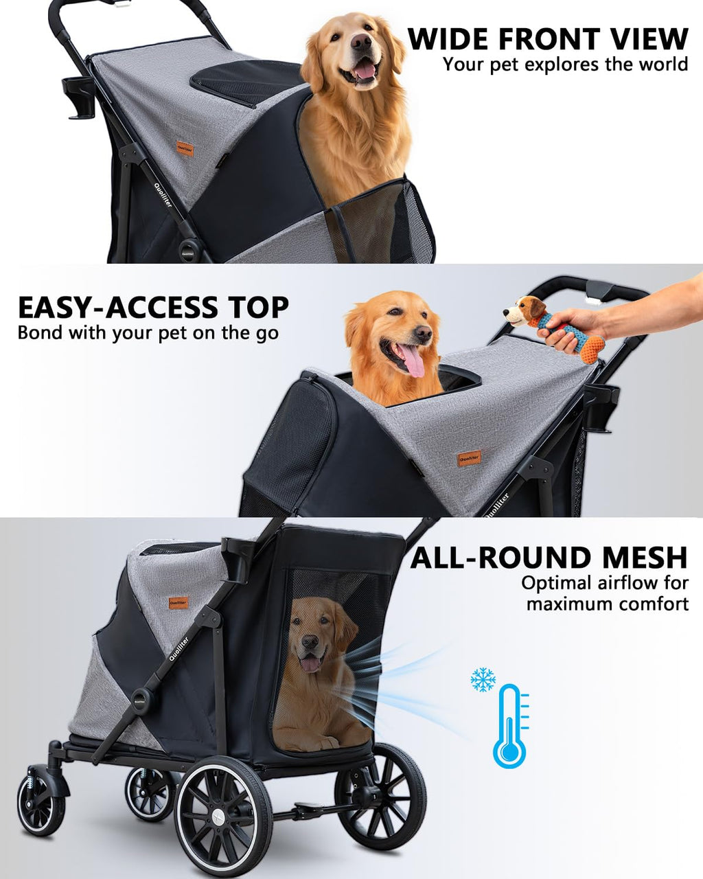 dog stroller for large & medium dogs, up showing dimensions