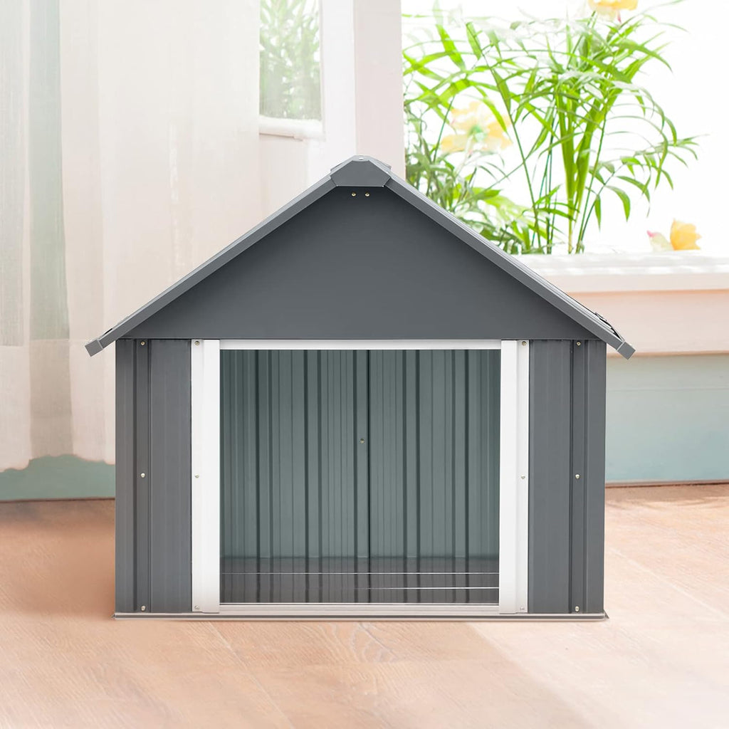 38 x 35 inch metal dog house, indoor, front angle view