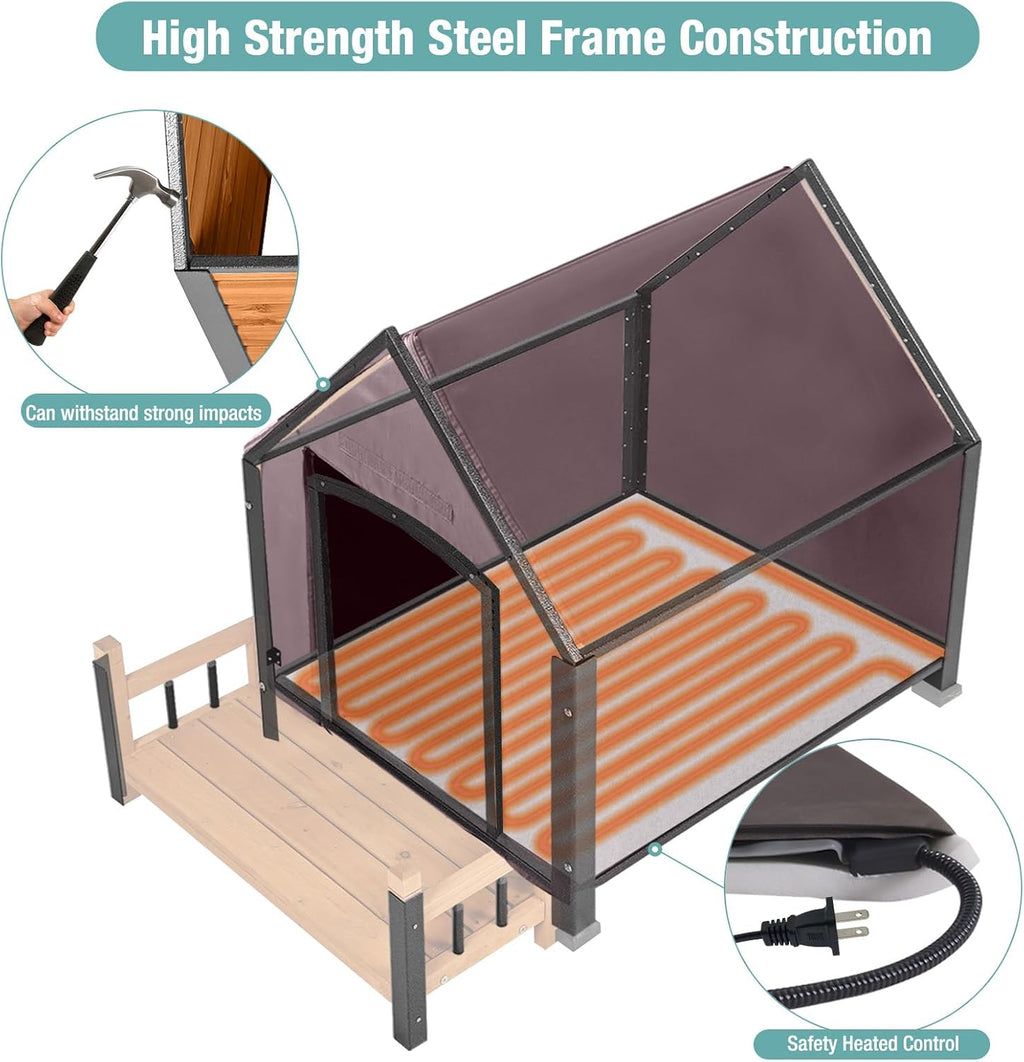 insulated dog house with heating pad, weatherproof outdoor, close-up detail