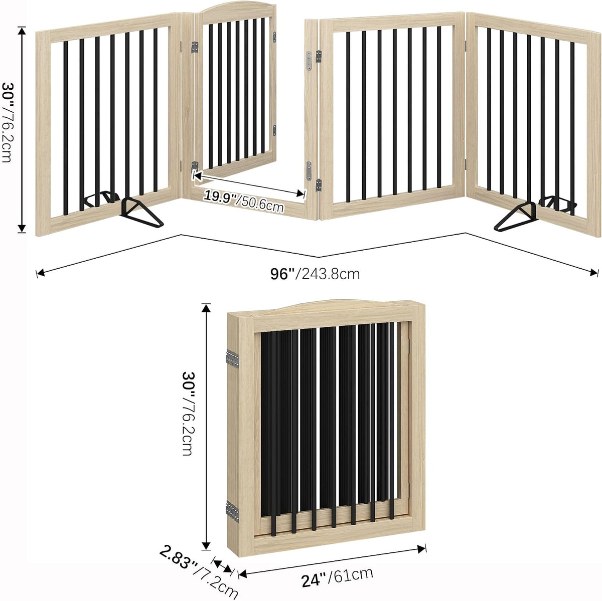 vantas 96" x 30", no-assembly wooden dog gate showing dimensions