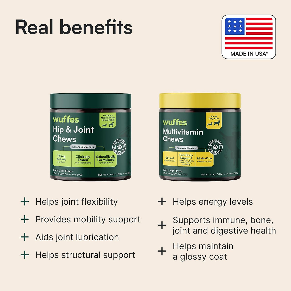 wuffes hip and joint supplement for and 23-in-1 showing dimensions