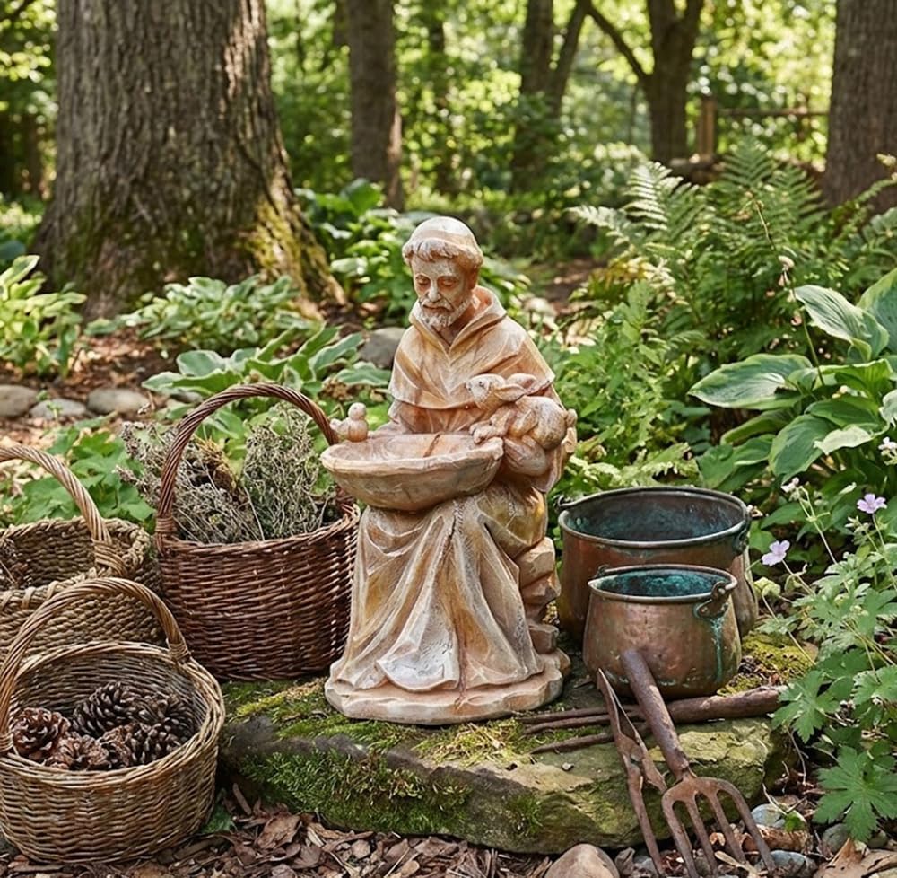 napco imports sitting saint francis of assisi holding, side view