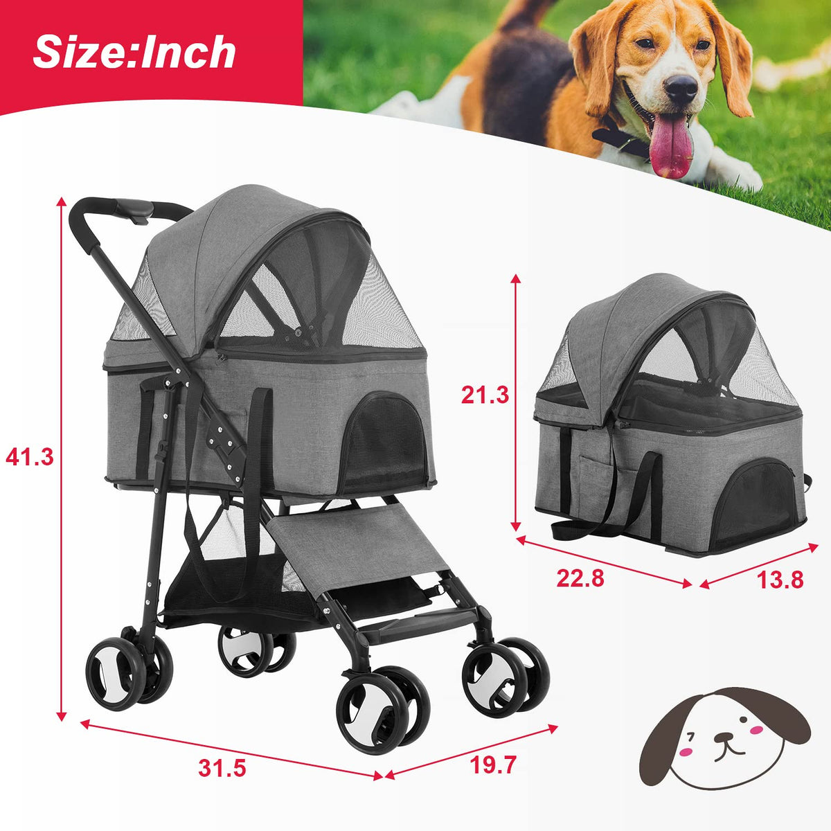 bestpet | 4-wheel foldable pet stroller | grey, front angle view