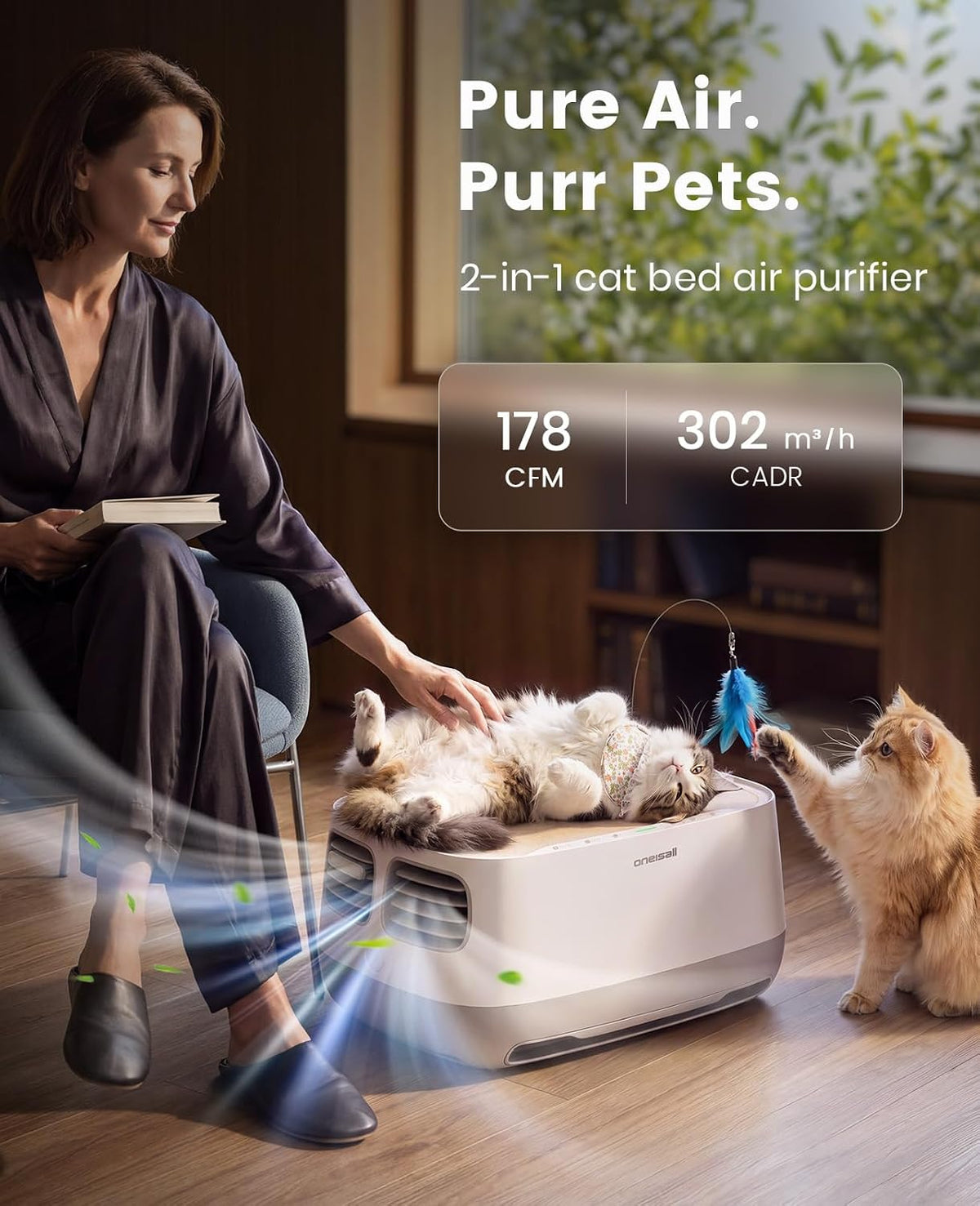 oneisall pet air purifier with 3-side air intake&hair shown in use