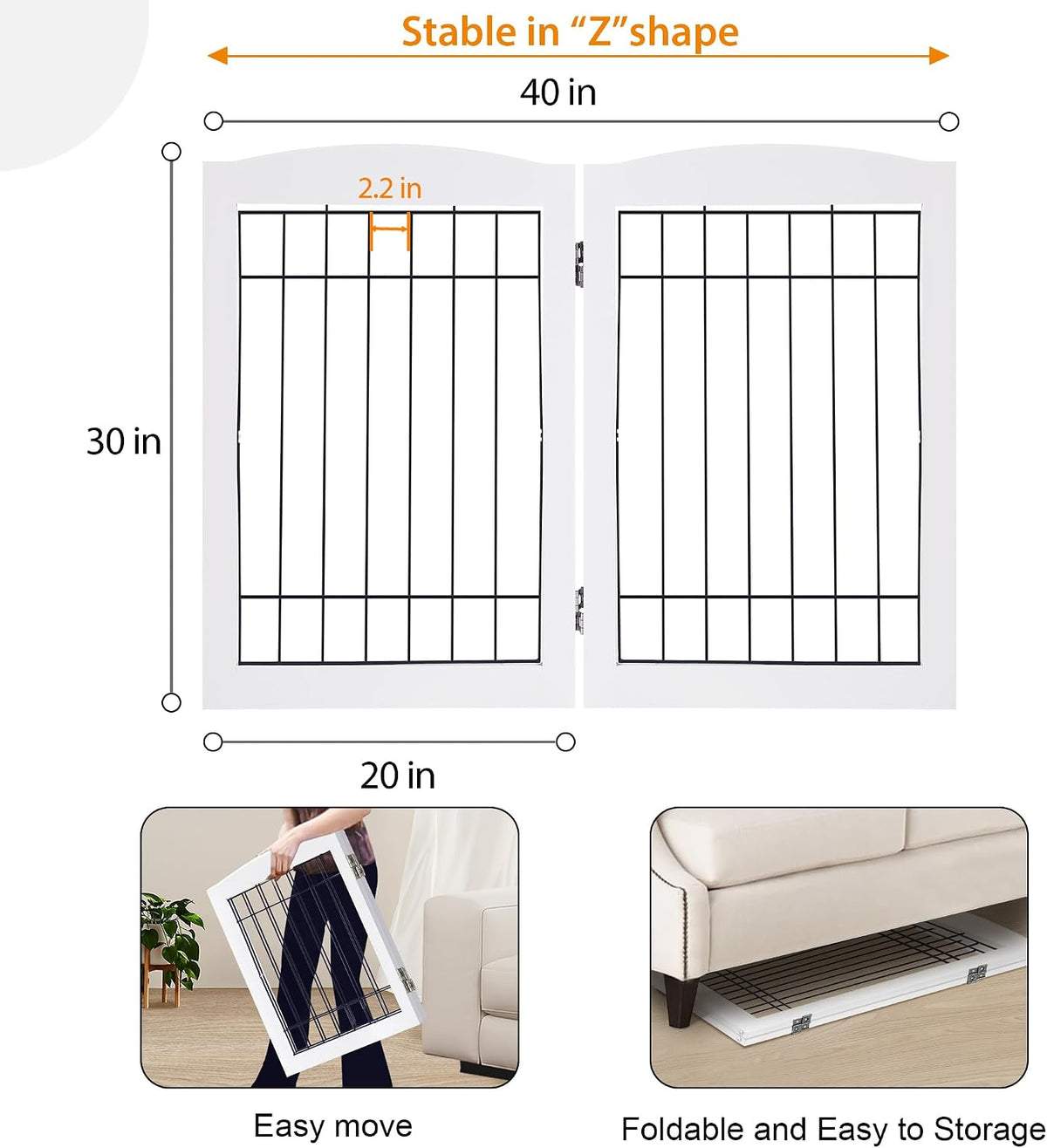 lzrs 2-panel freestanding adjustable wooden dog gate—30” tall showing dimensions