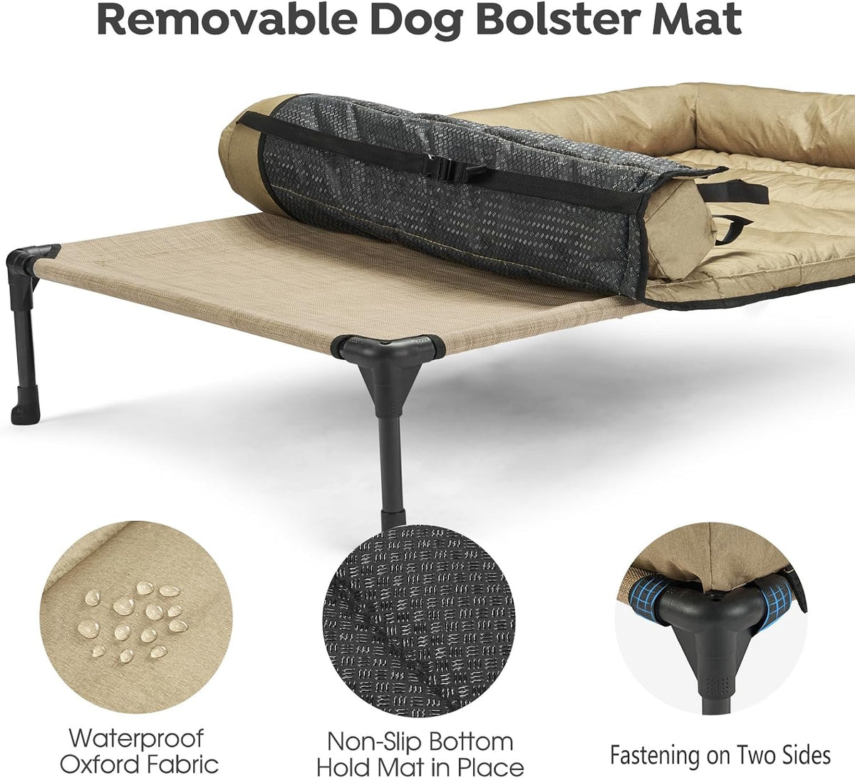 veehoo outdoor elevated dog bed with waterproof bolster, side view