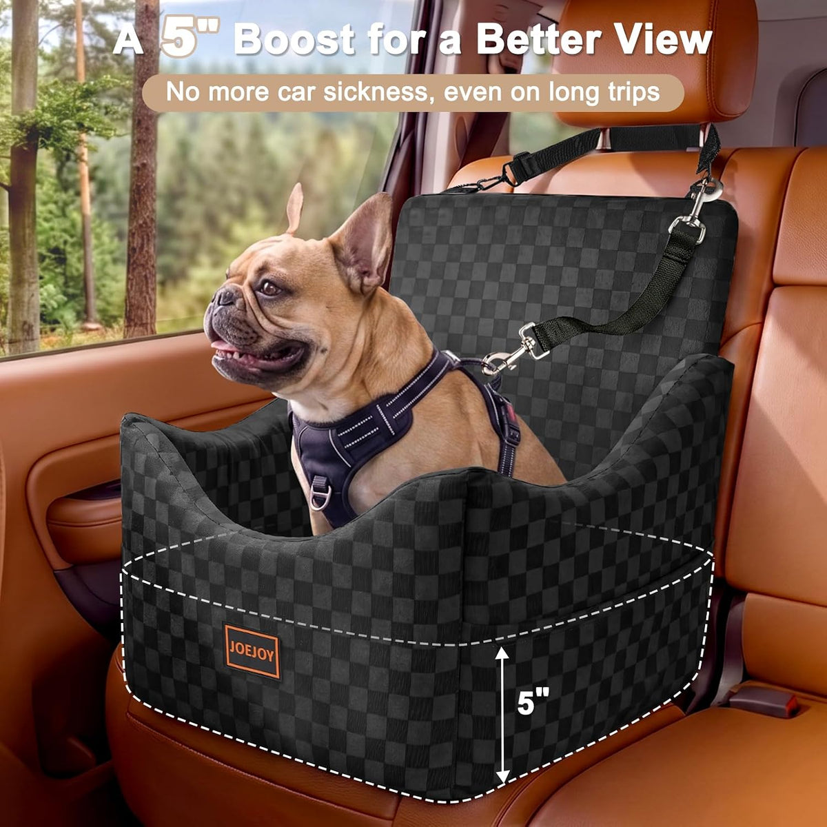 joejoy elevated dog car seat for small/medium dogs shown in use