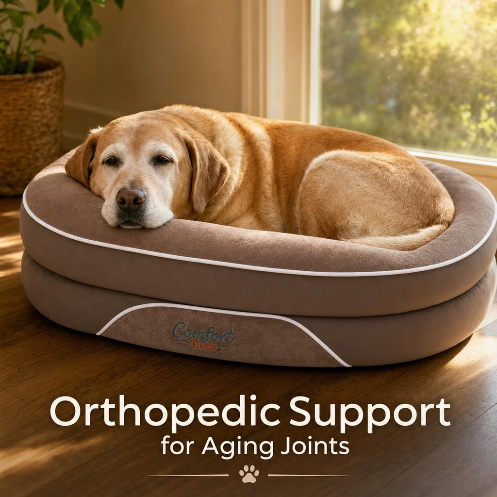orthopedic dog bed with calming bolster sides, faux, close-up detail