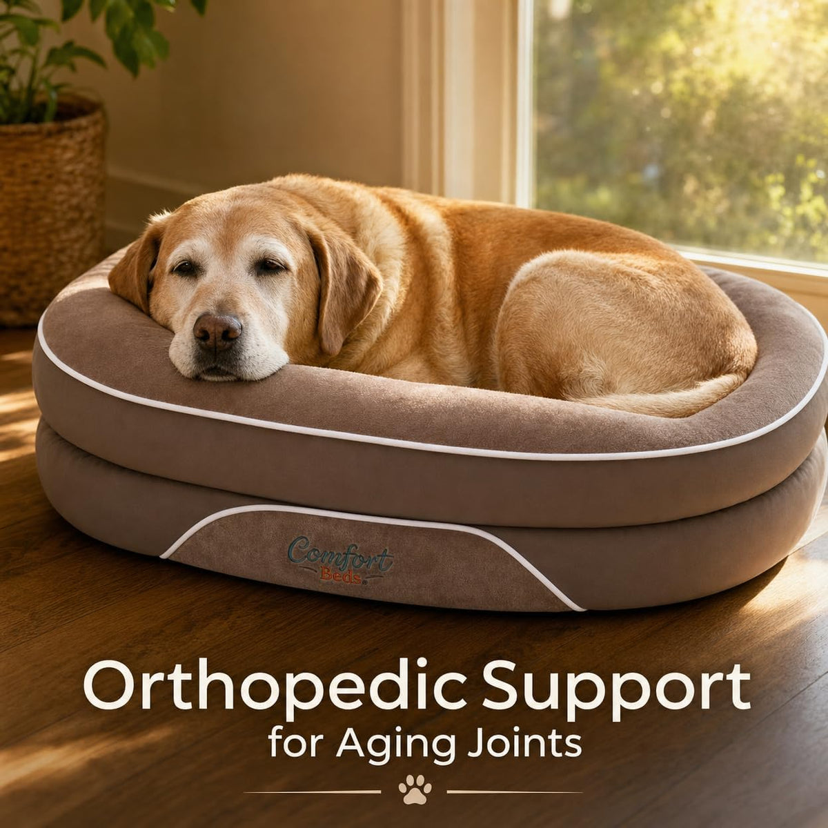 orthopedic dog bed with calming bolster sides, faux, close-up detail