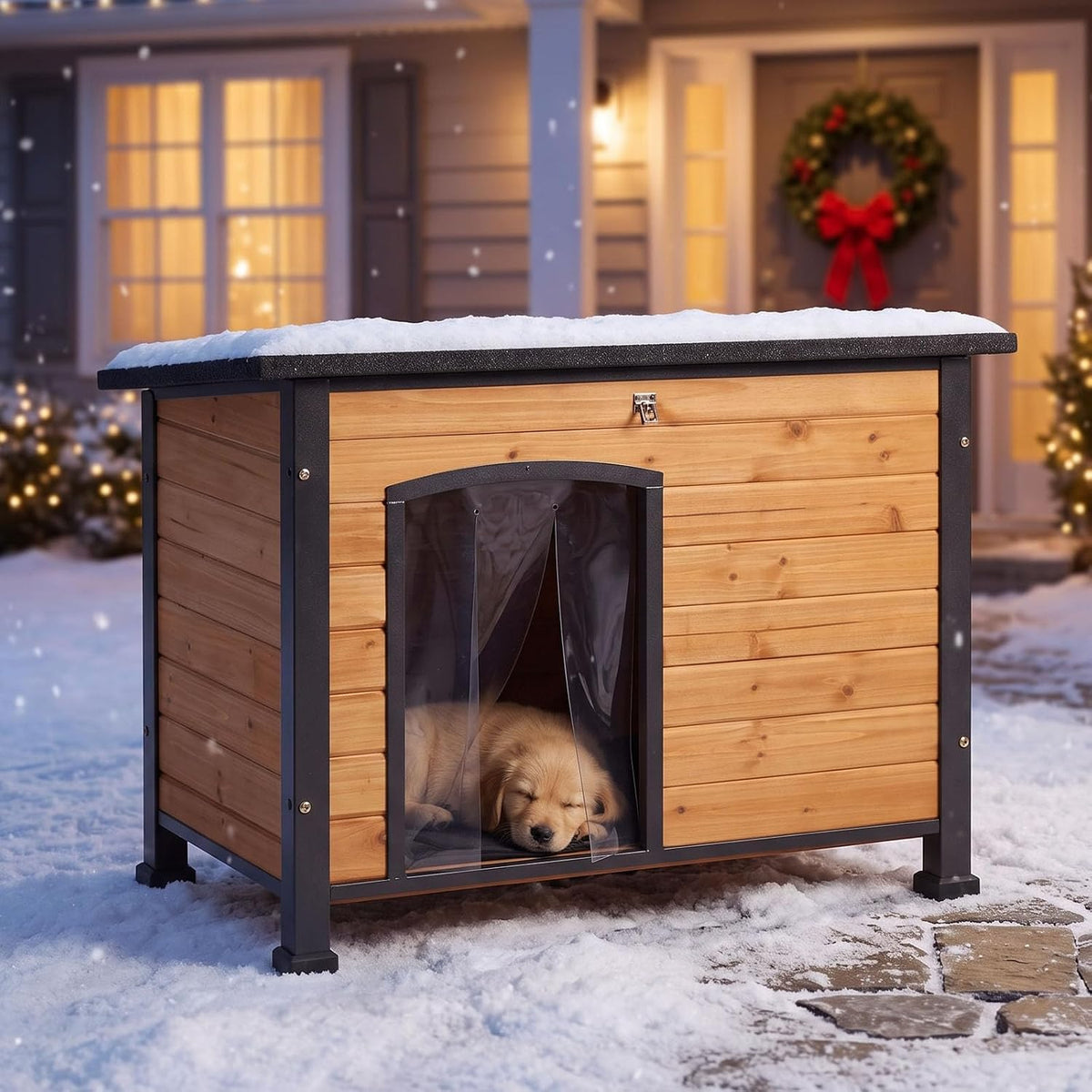 heated dog house outdoor 35.5" large dog kennel, front angle view