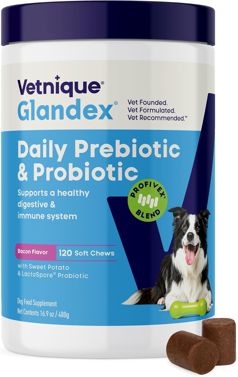 vetnique glandex probiotics for dogs chews 120ct, prebiotics, main product view