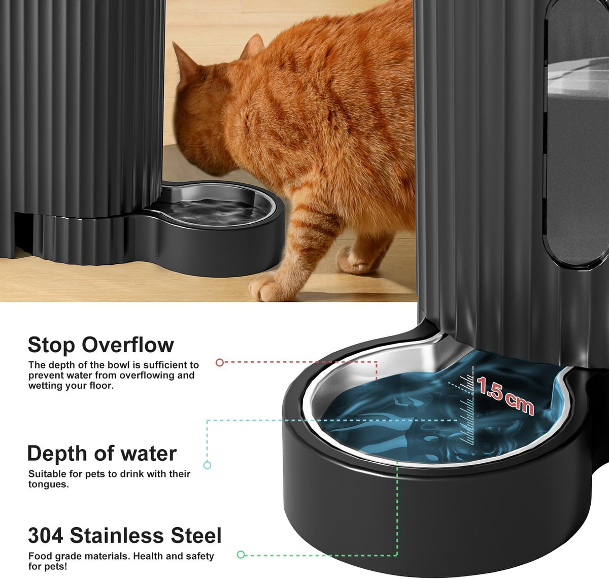 gravity automatic cat feeder, water & food dispenser showing dimensions
