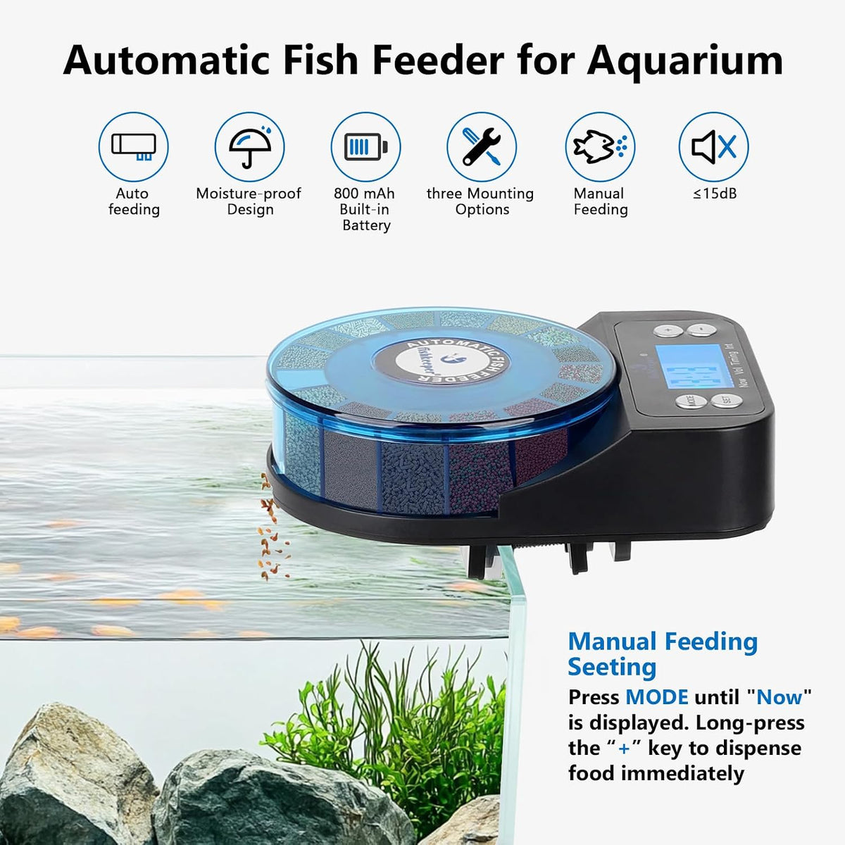 fishkeeper automatic fish feeder for aquarium, rechargeable auto, side view