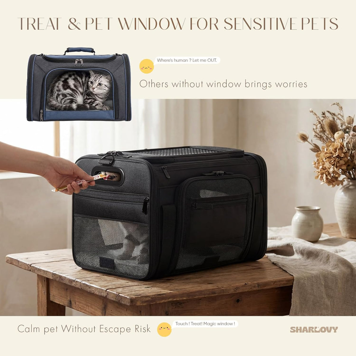 top-side expandable pet carrier, treat window,17x11x9.5 airline approved shown in use