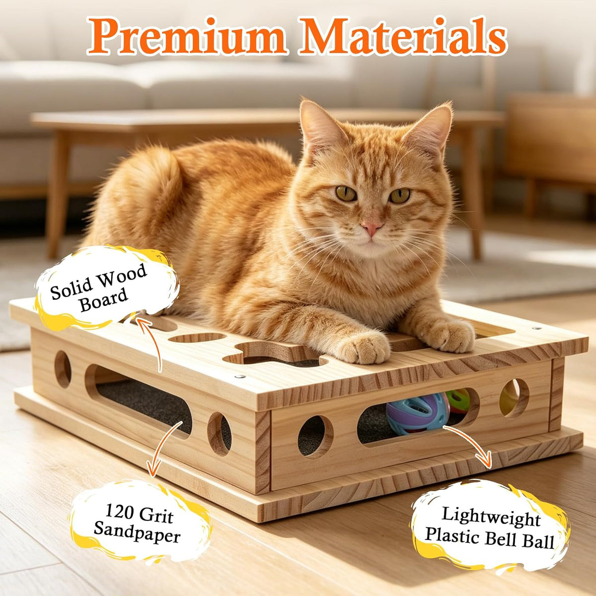 cat nail file enrichment box, sandpaper scratcher toy showing dimensions