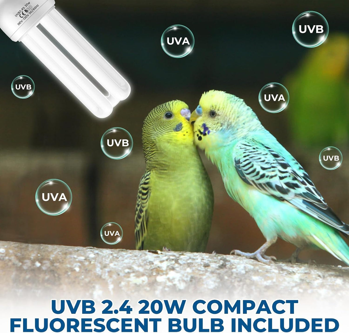 lustaled 2.4% uvb bird cage light fixture combo shown in use