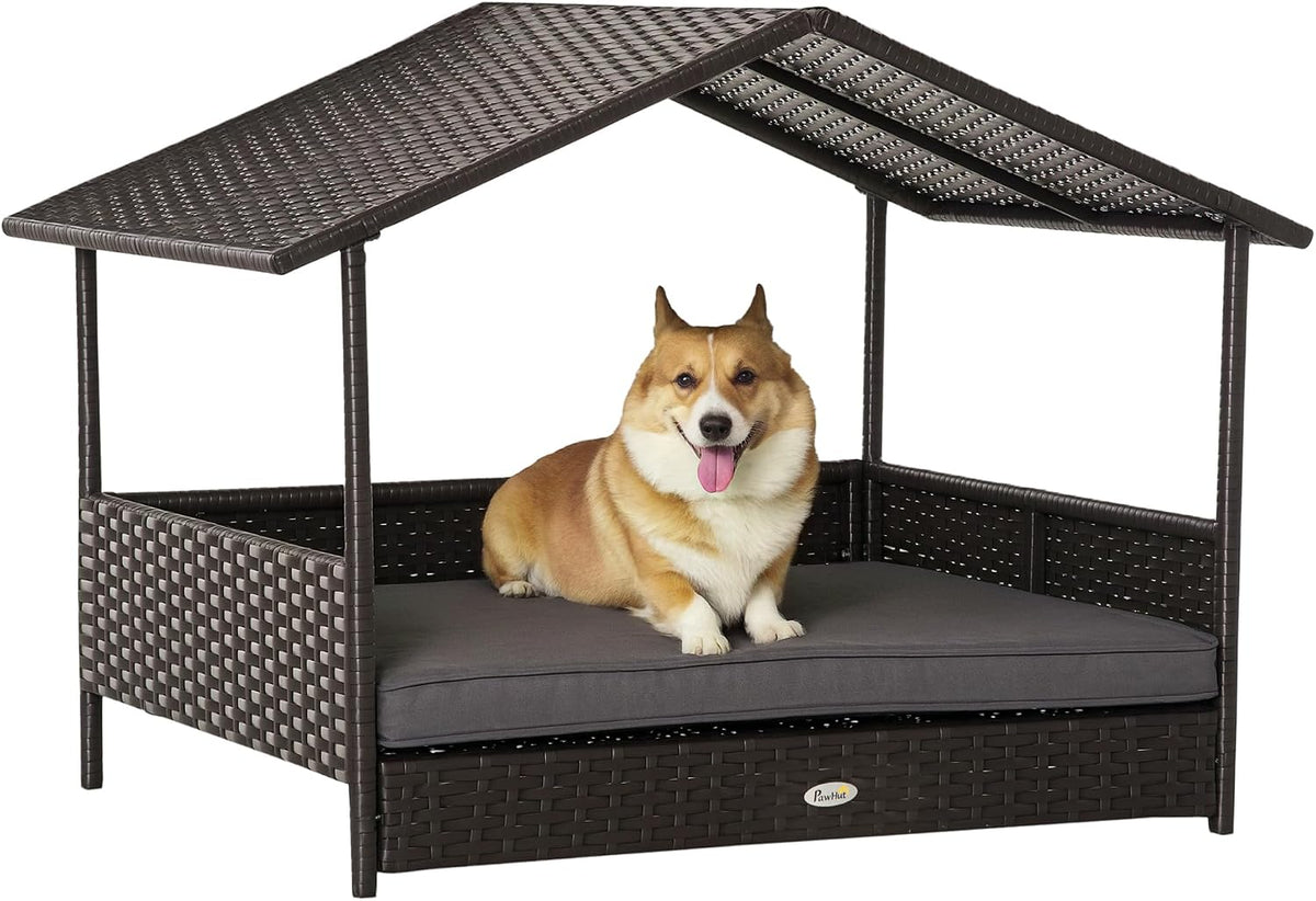 pawhut wicker dog house outdoor with canopy, rattan, main product view