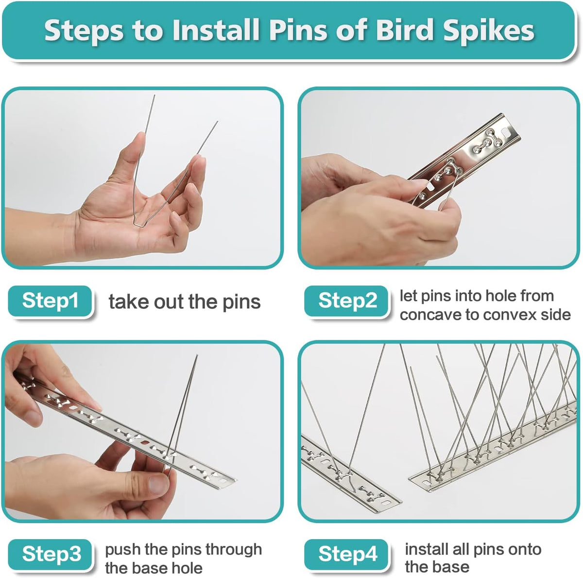 kky bird spikes stainless steel base, metal bird shown in use