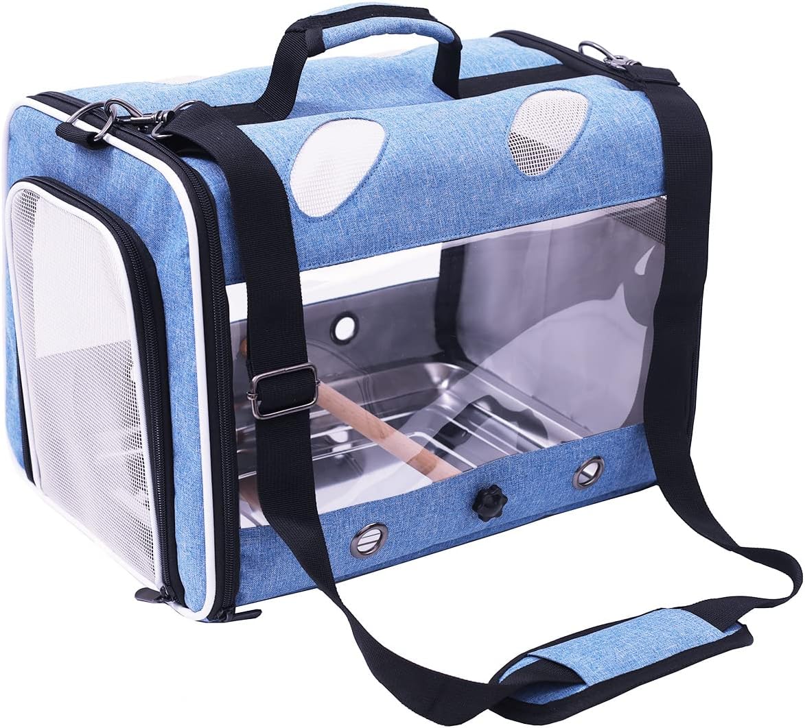 bird travel carrier for parrot with wooden perch showing dimensions