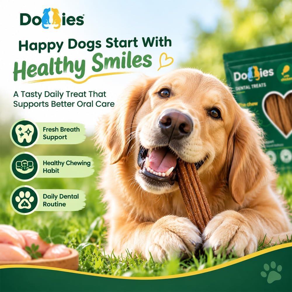 doggies dental treats with lactoferrin for dogs, chicken shown in use
