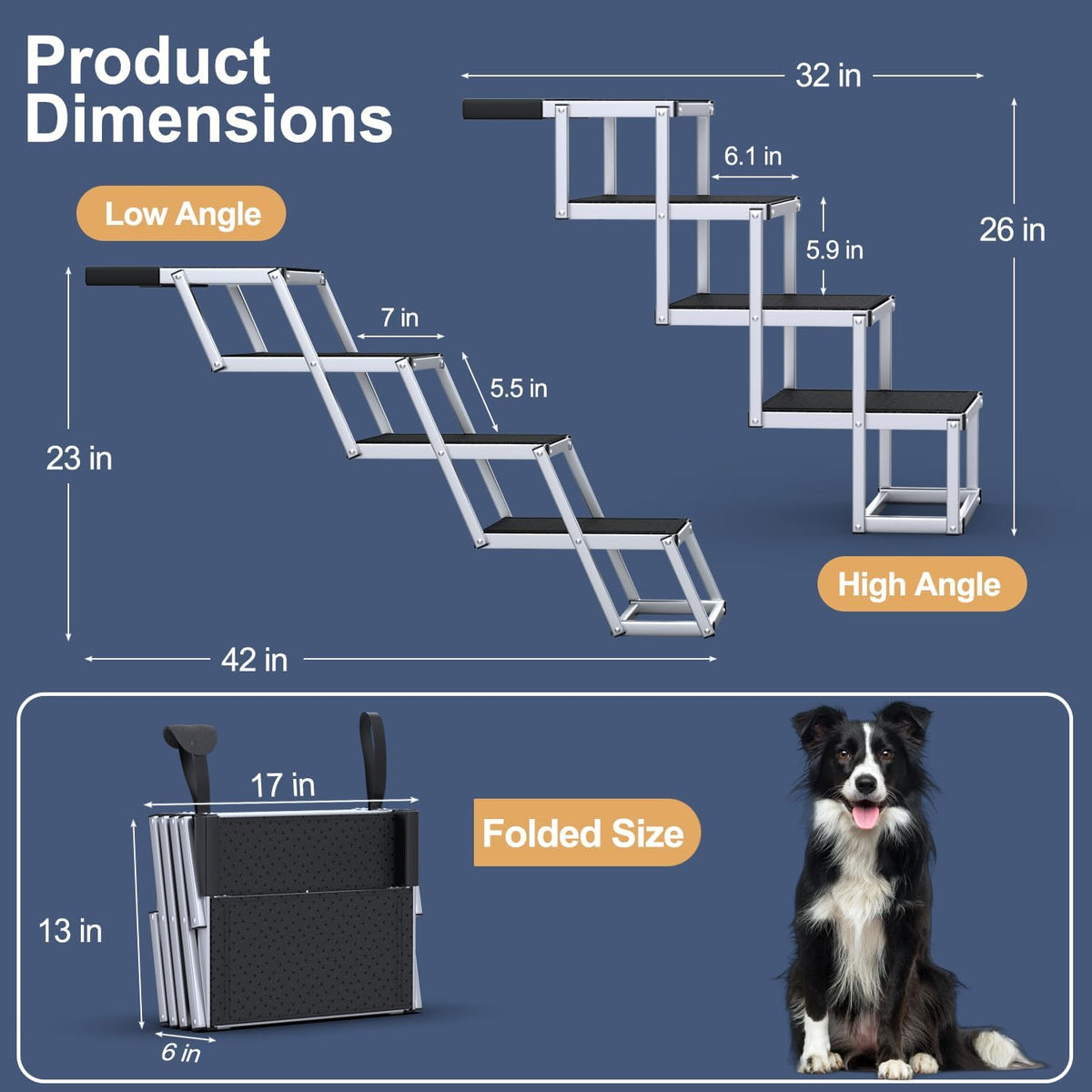 foldable dog stairs for car, 17" aluminum dog, close-up detail