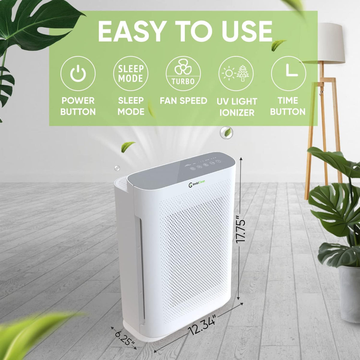 air purifier for home allergies & pets | showing dimensions
