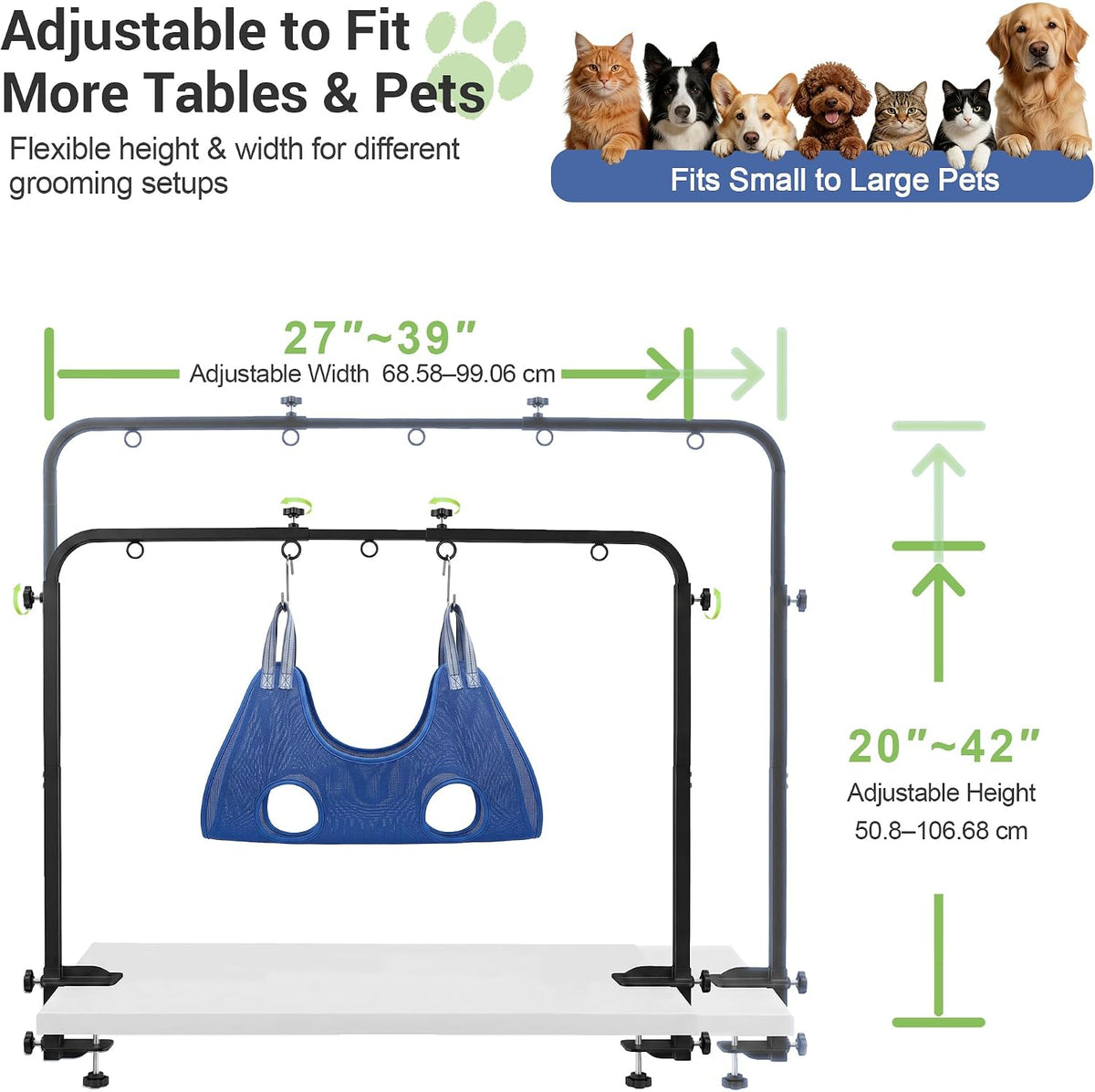 dog grooming table arm, h-frame with dual clamps, close-up detail