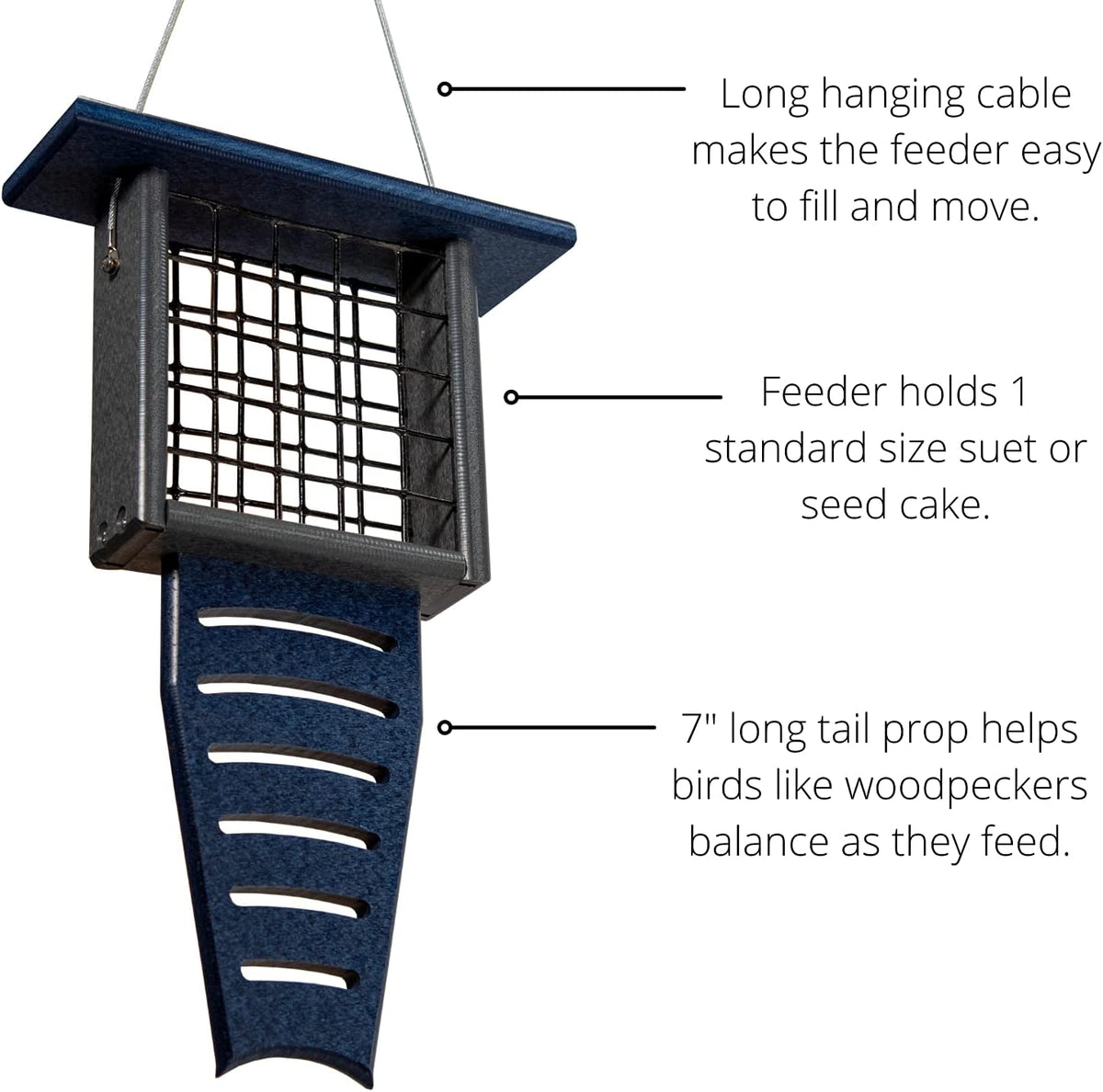 jcs wildlife blue/gray recycled poly lumber suet feeder, close-up detail