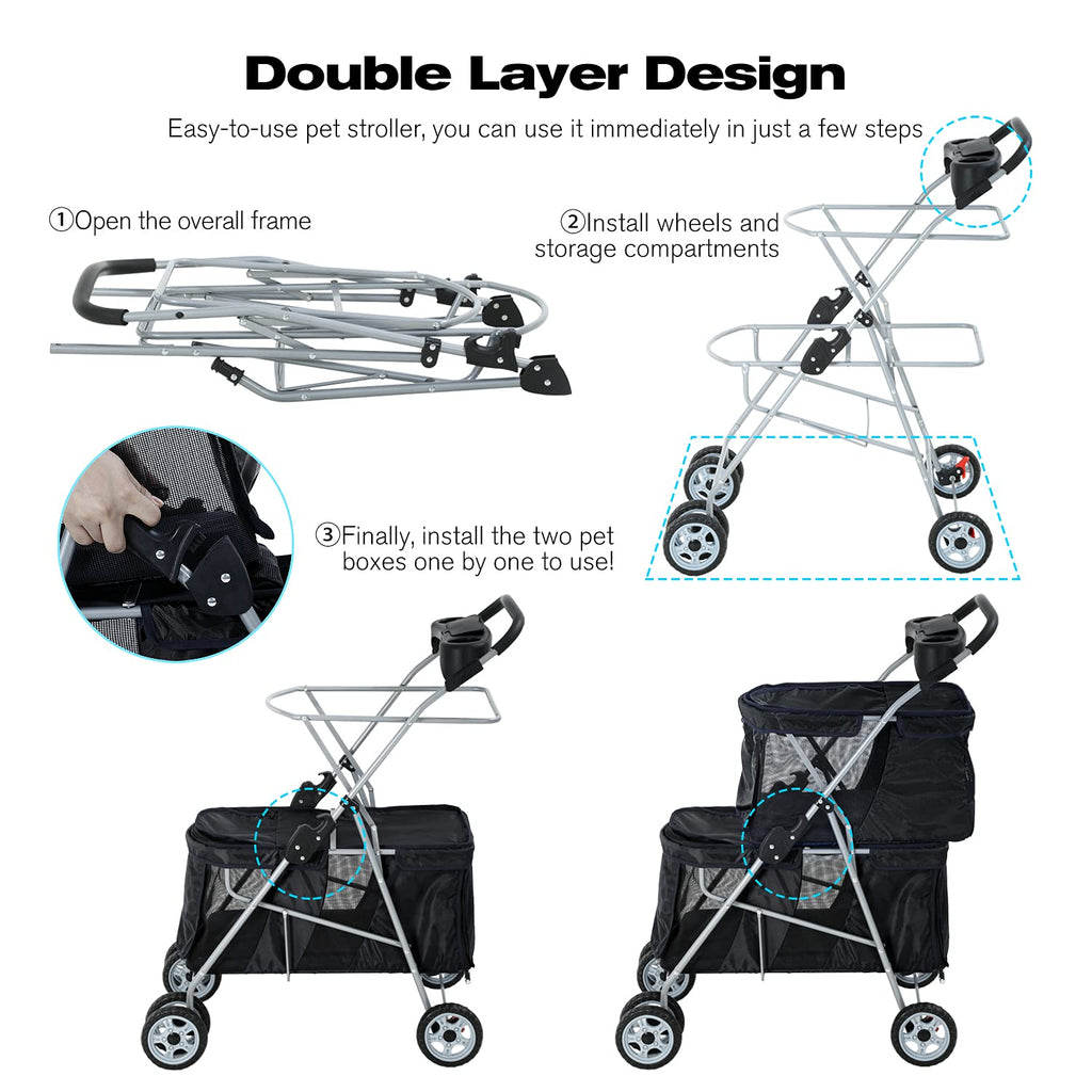 hcy double pet stroller for cats & dogs, close-up detail