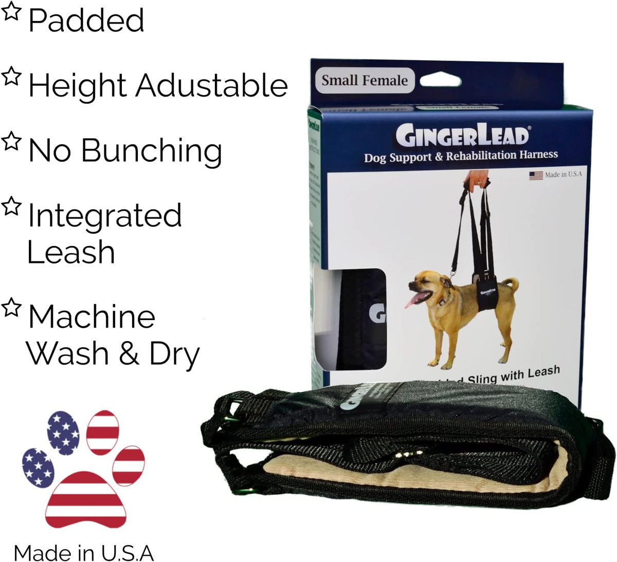 gingerlead® dog rear sling support harness, sm female, close-up detail