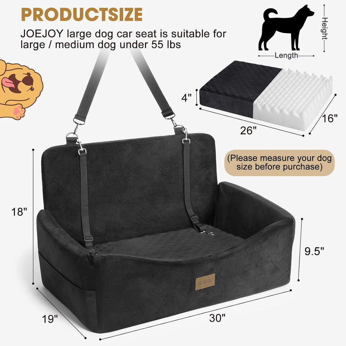 joejoy dog car seat for large medium sized showing dimensions