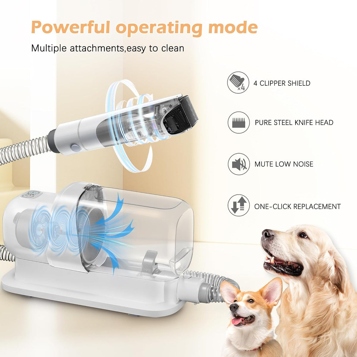 grooming kit with 2.3l vacuum suction 99% pet, side view