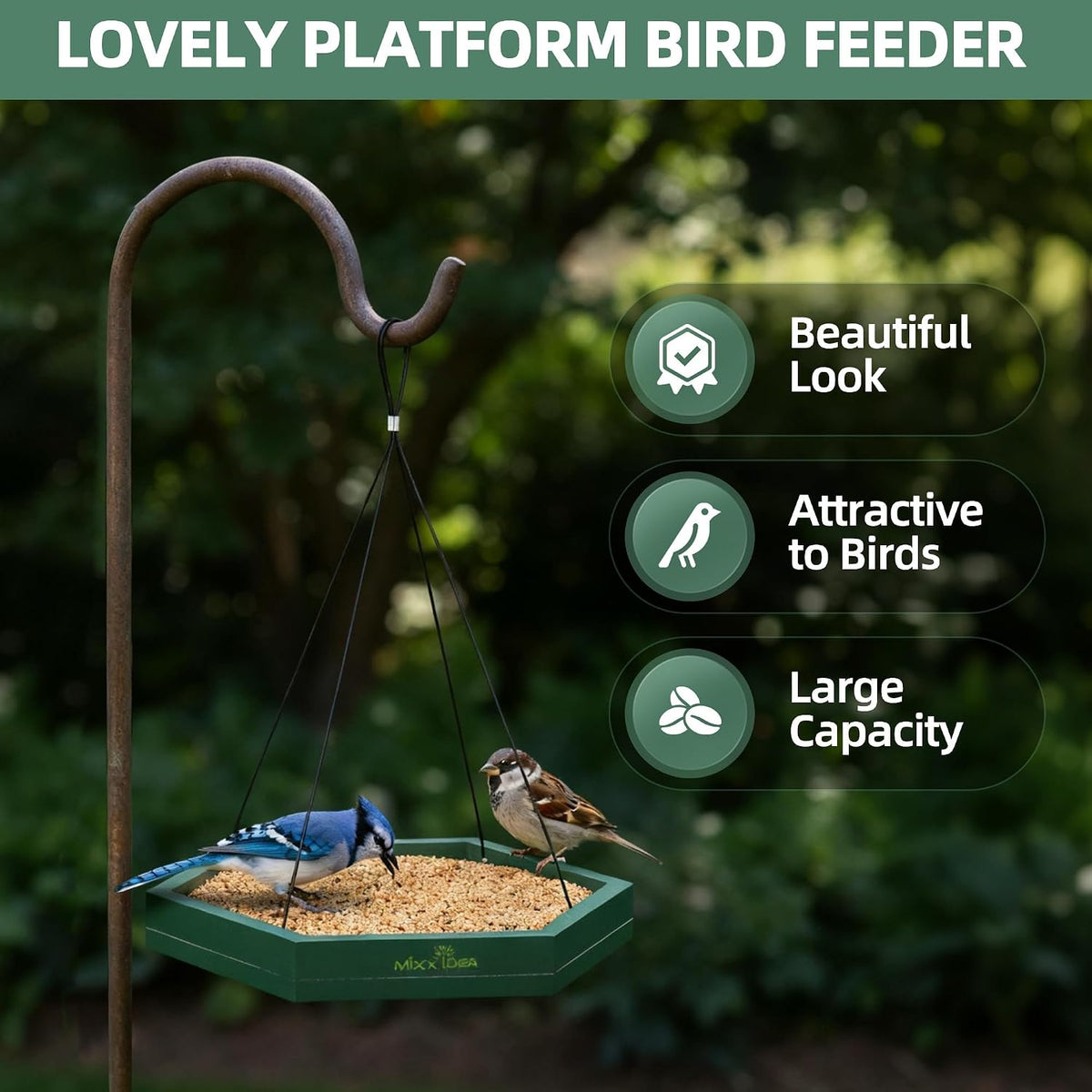 mixxidea platform bird feeder tray, hanging bird feeders showing dimensions
